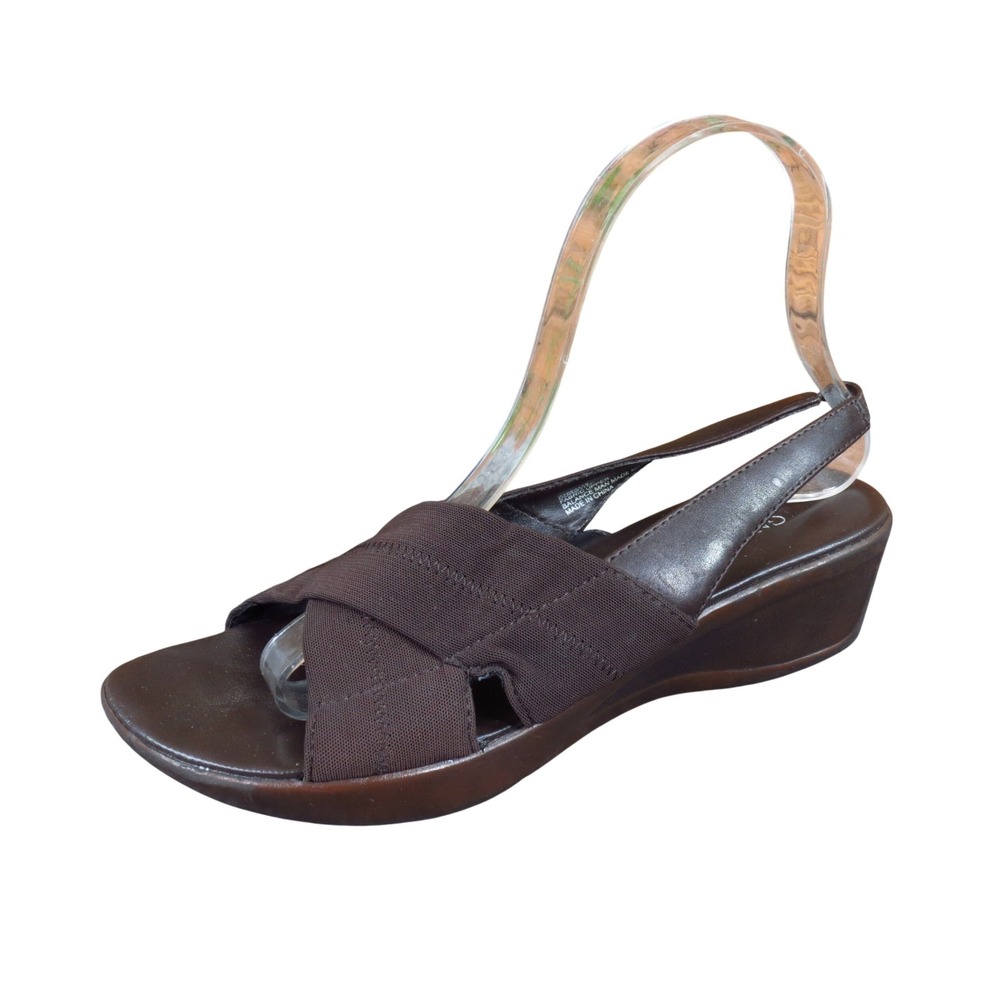 GNW Flex Dorothy Women Wedge Slingback Sandal Size 7M Work Travel Brown Fabric
